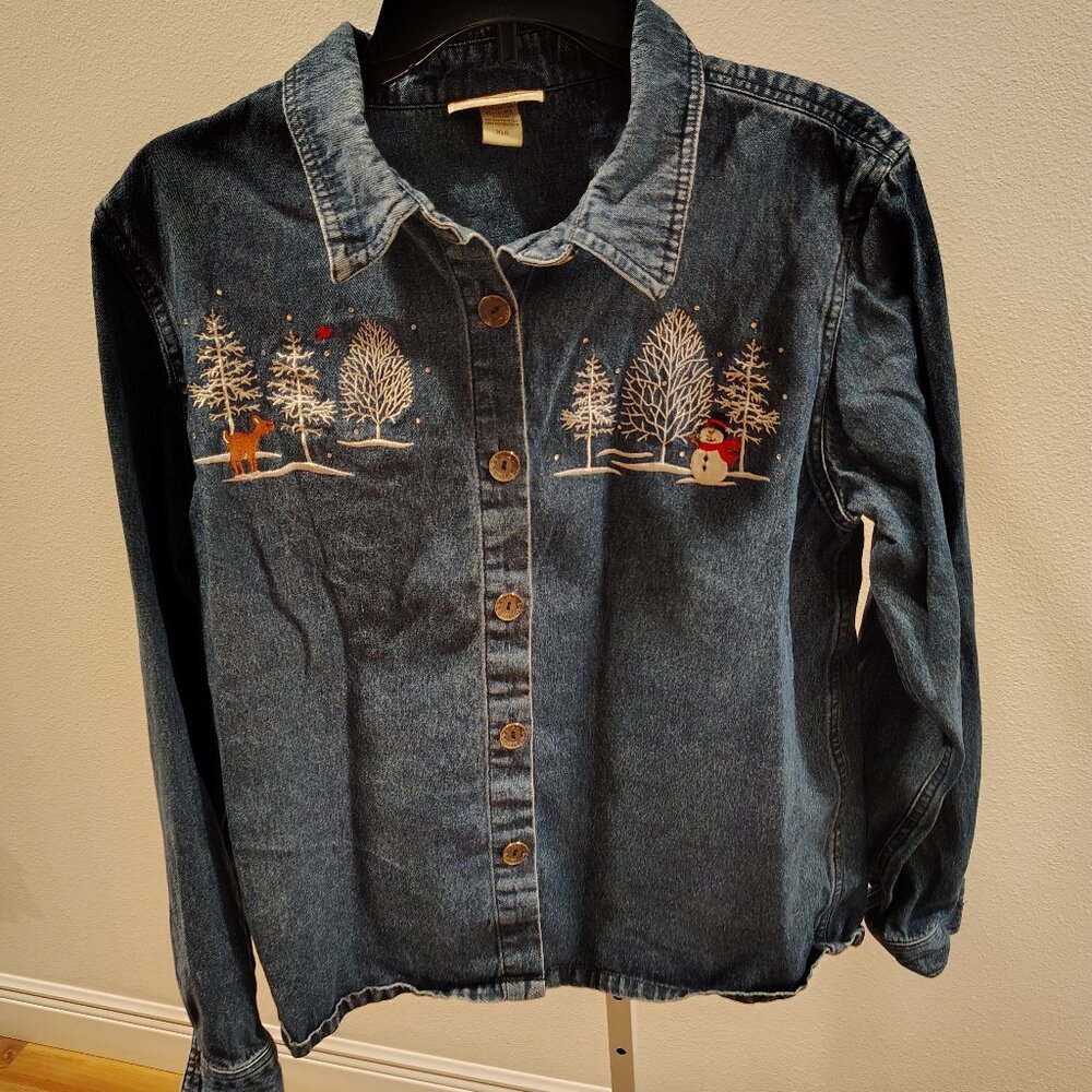 Decorated Originals Vintage Embroidered Christmas Denim Button Front Shirt XL - Picture 3 of 12